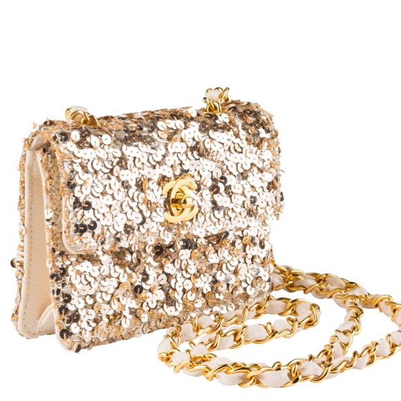 CHANEL CLASSIC FLAP RARE MICRO MINI VINTAGE GOLD SEQUIN & MICROFIBER CROSSBODY - Picture 7 of 8